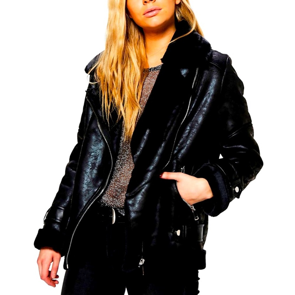 JENNIFER LOPEZ BLACK MOTO JACKET FAUX FUR